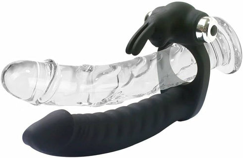 7-Speed Silicone Vibrating Rabbit Cock Ring with Anal Dildo